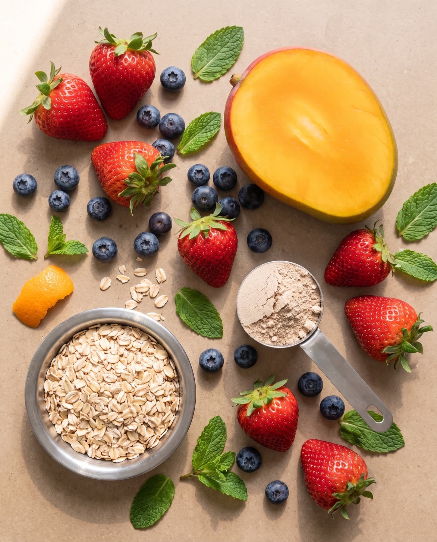 Fresh fruit, oats and protein powder laid out on a concrete surface