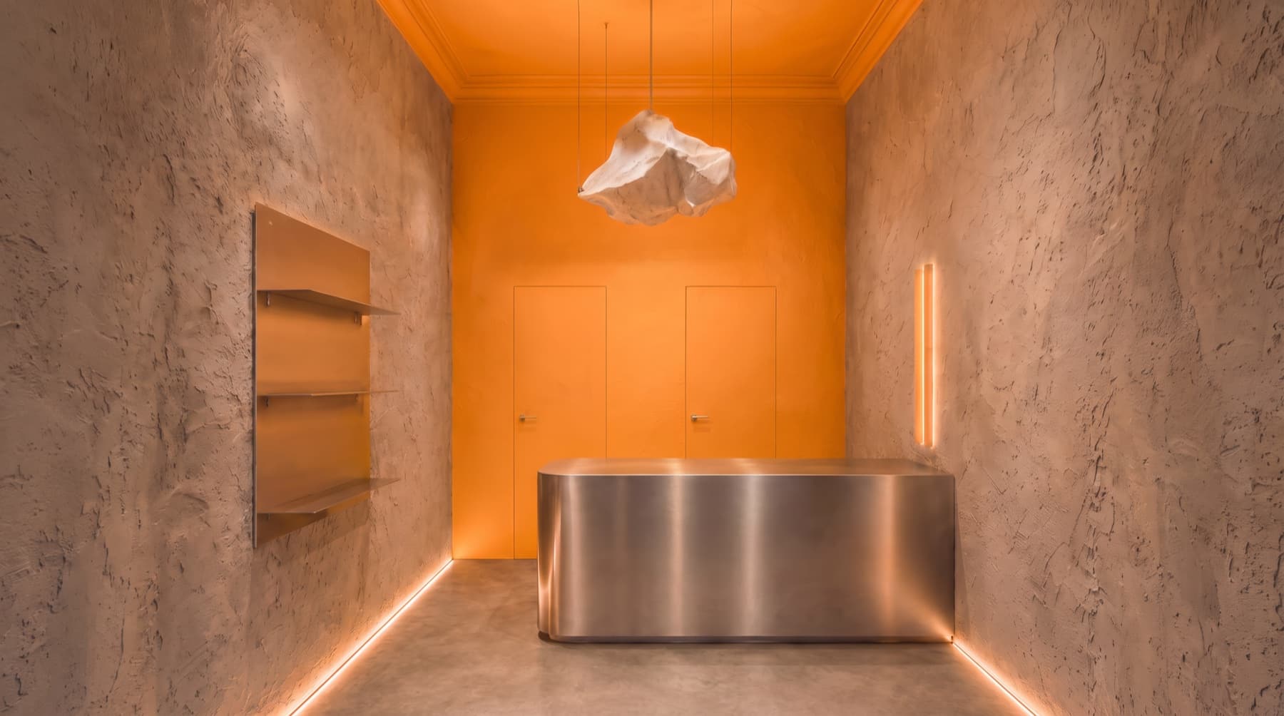 Wide view of the Shakeroom interior with the orange back wall